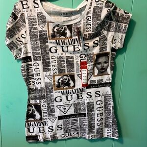 Guess Magazine Print Tee with Red Accents